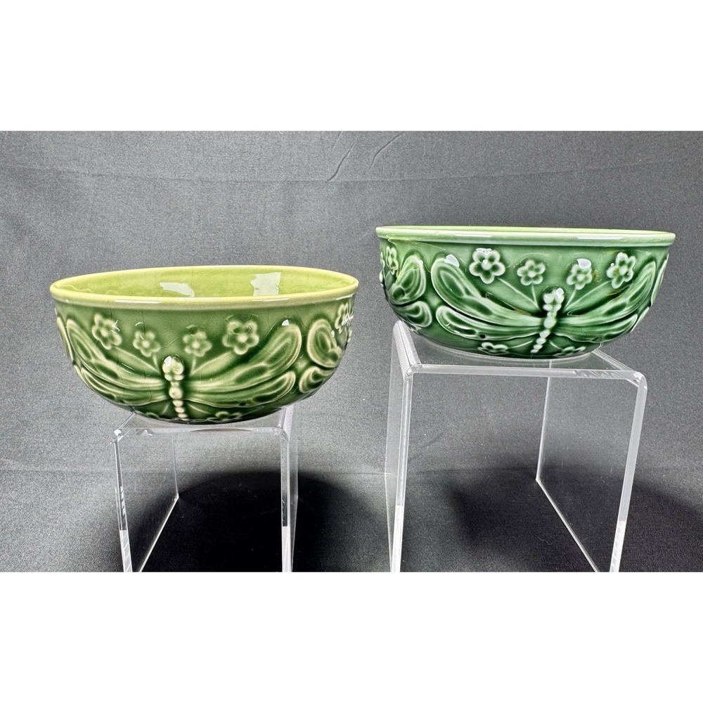 Bordallo Pinheiro Dragonfly Green Majolica Coupe Cereal Bowls 2 Portugal Display